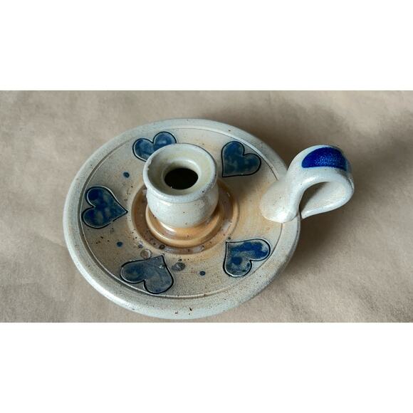 Rowe Pottery Chamber Candle Holder Blue Hearts and Beeswax Candles Countrycore - Picture 10 of 11